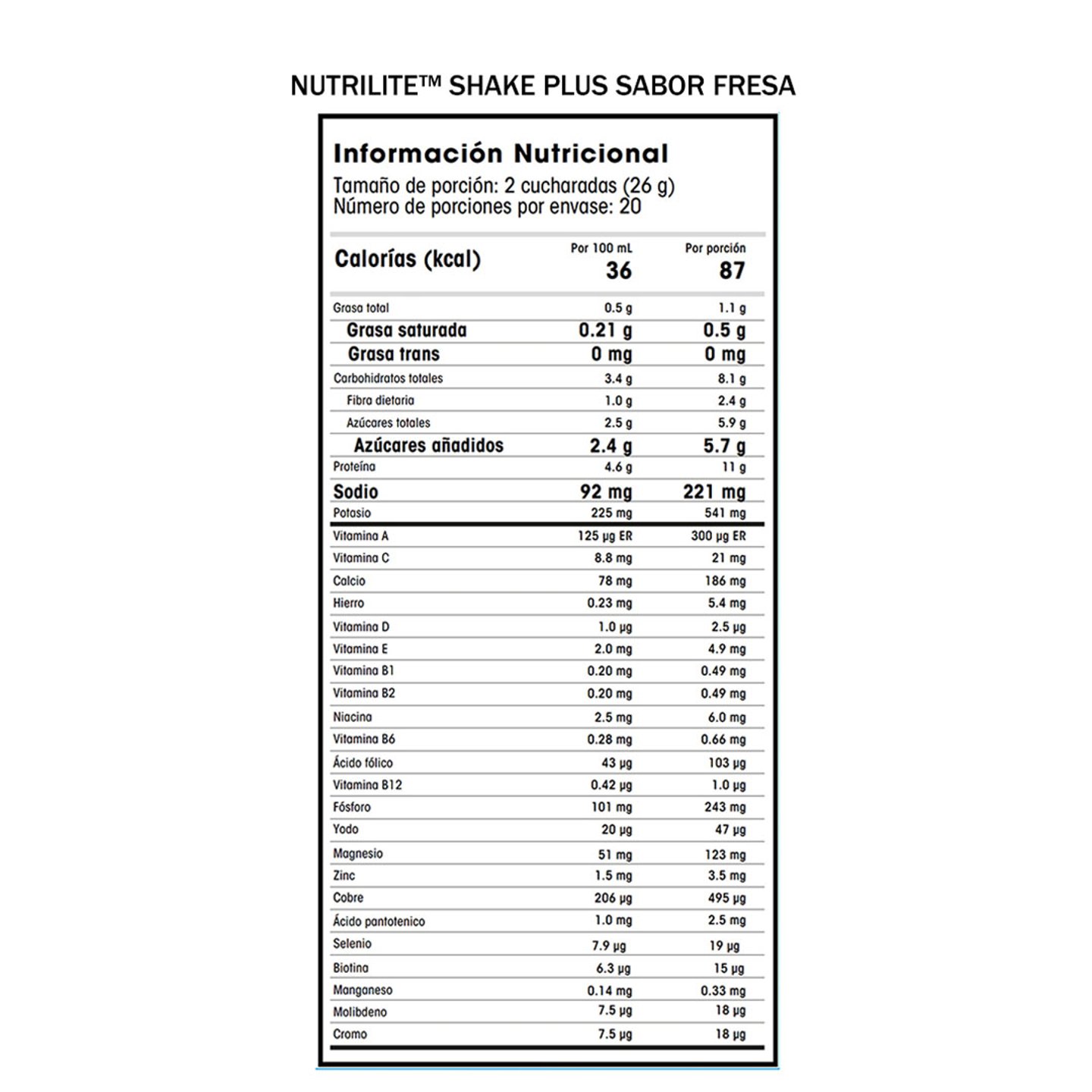 Tabla Nutricional Shake Plus Sabor Fresa