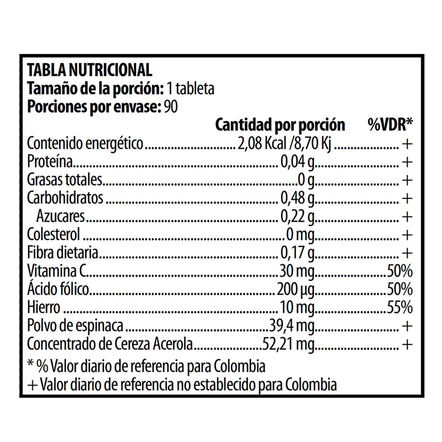 Tabla Nutricional Tri Iron Folic