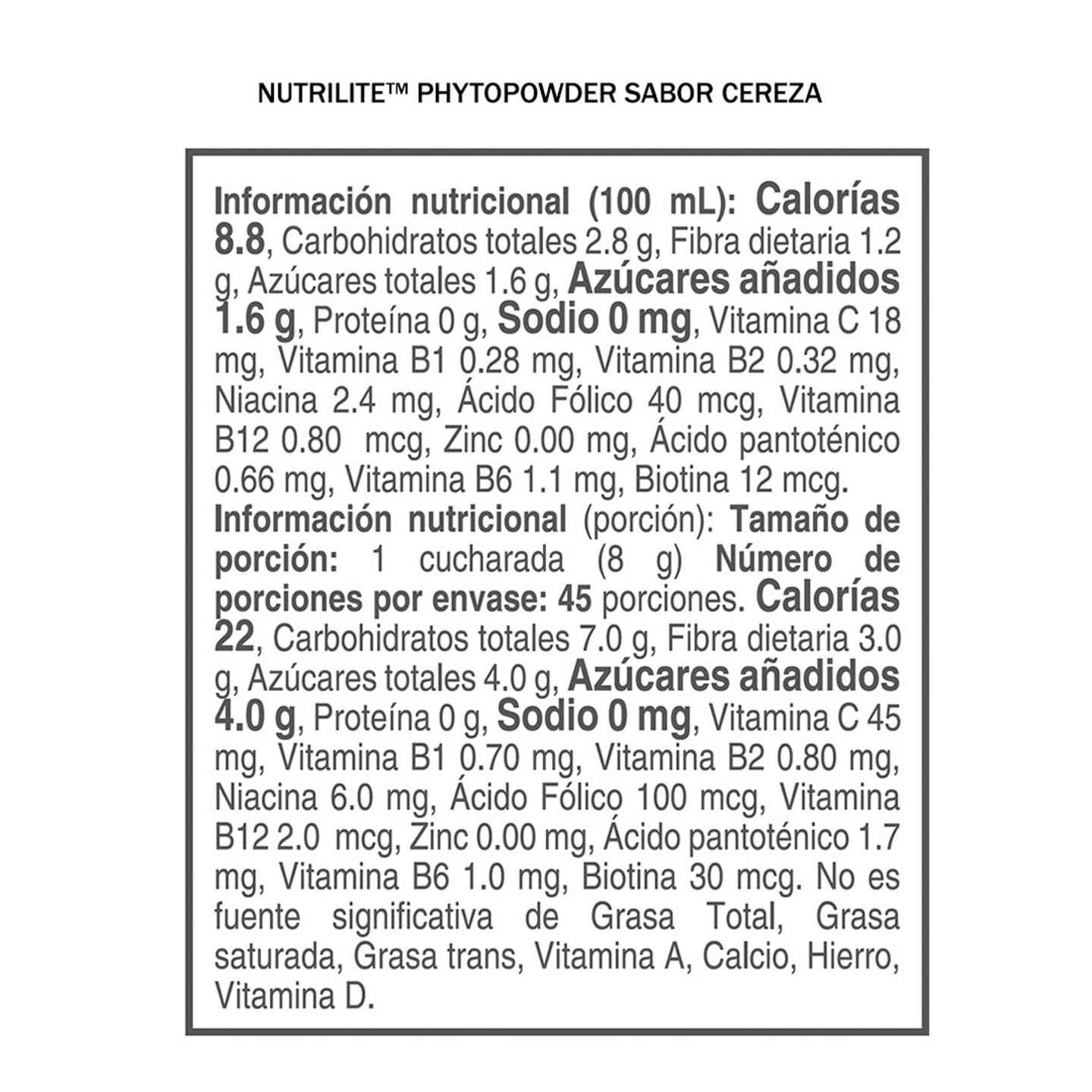 Tabla Nutricional Phytopowder sabor Cereza