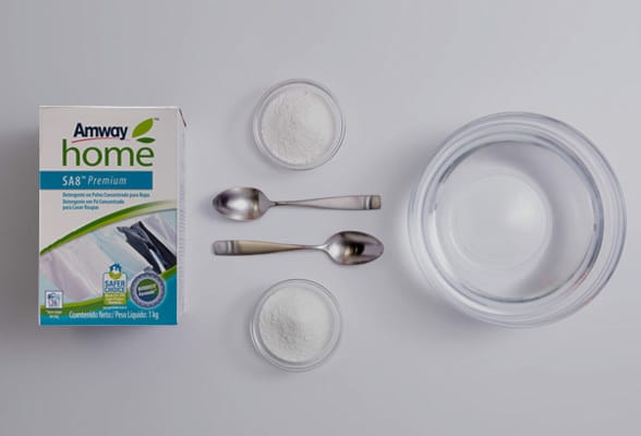 Imagen de detergente con dos cucharas y 1 tazón. Demostración de Producto Amway Home. Prueba por ti mismo el poder la limpieza de los productos
